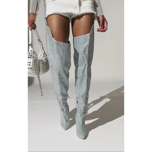 AZALEA WANG Jinny Embellished Thigh High Denim Chap Silver Boots Size 7 NWB - Picture 4 of 8